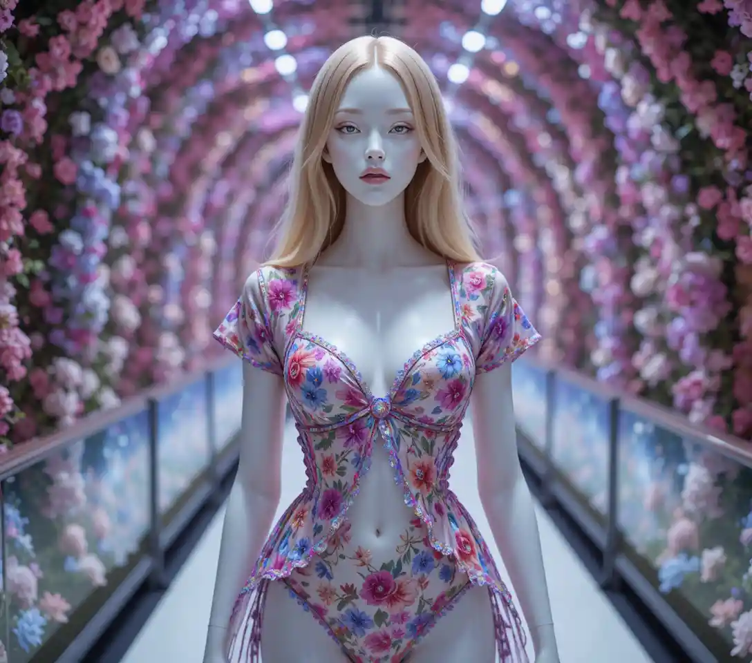 Mannequin blonde en robe fleurie sauvage sur un podium vibrant