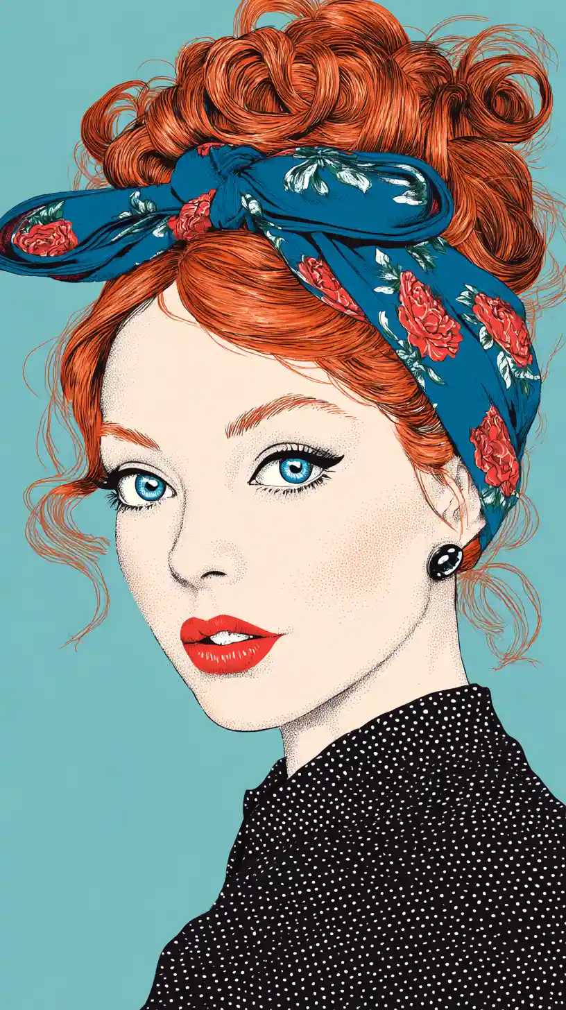 Porträt einer rothaarigen Vintage-Frau mit blauem Blumenschal