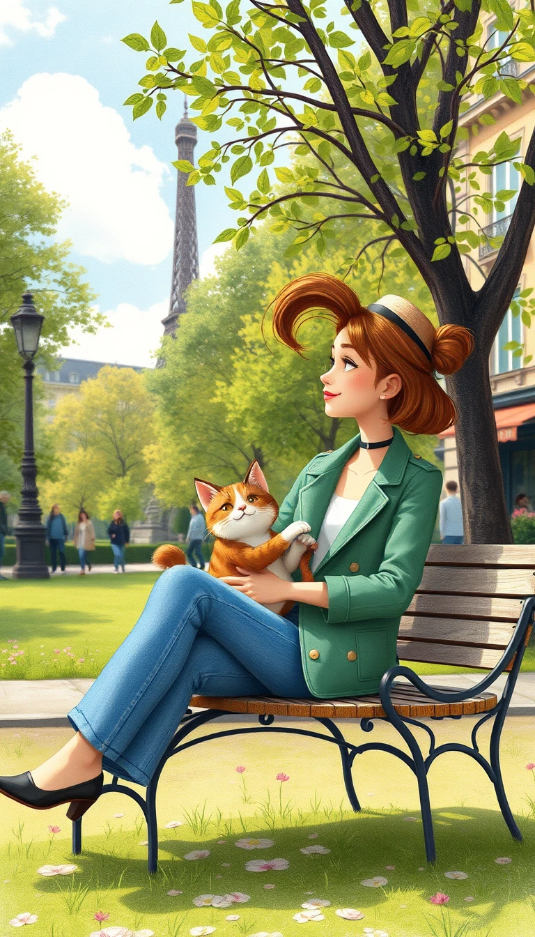 Ragazza che porta a spasso il suo gatto in un soleggiato parco di Parigi