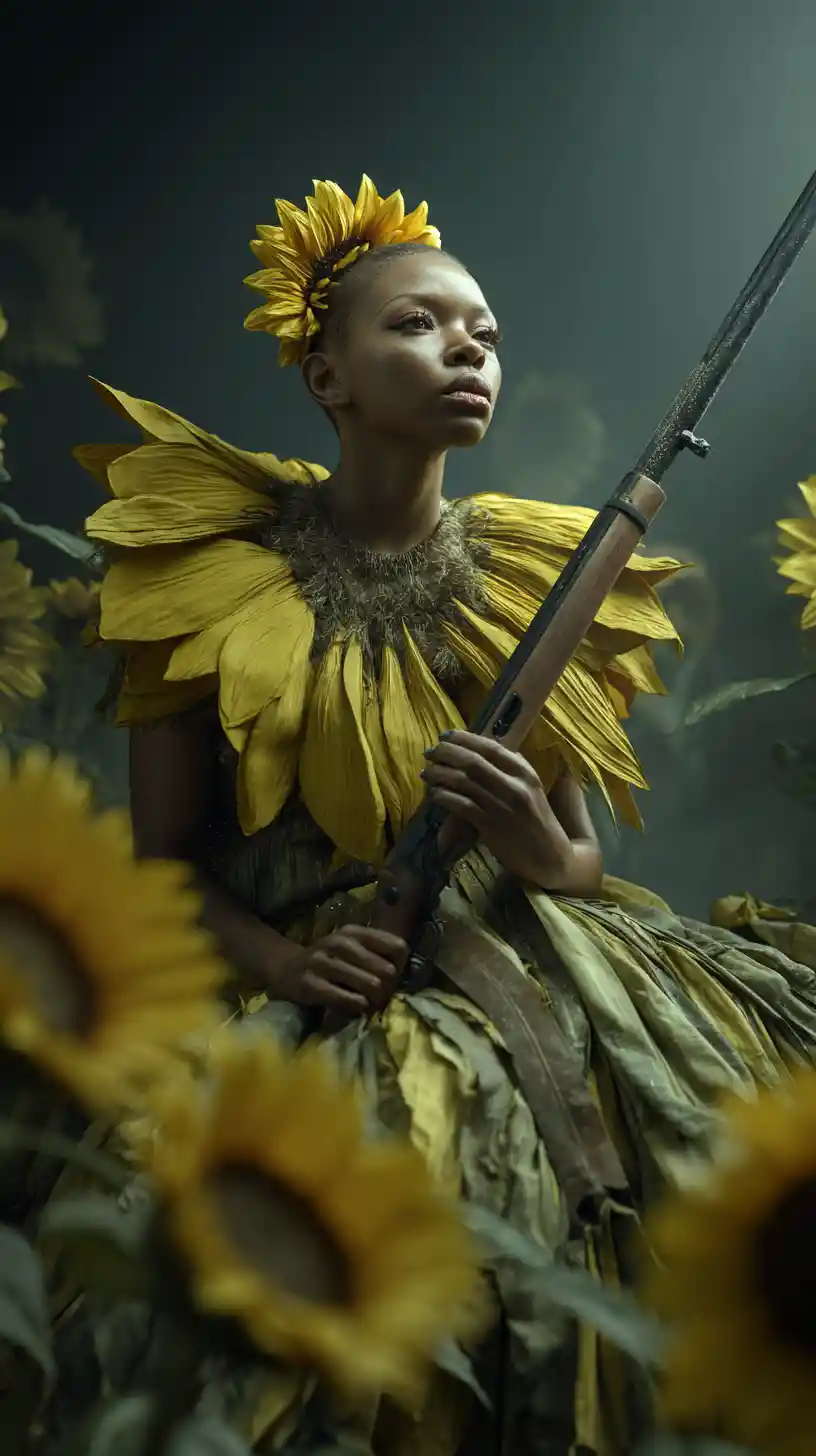 Guerrera afrofuturista con rifle de girasol en un mundo surrealista