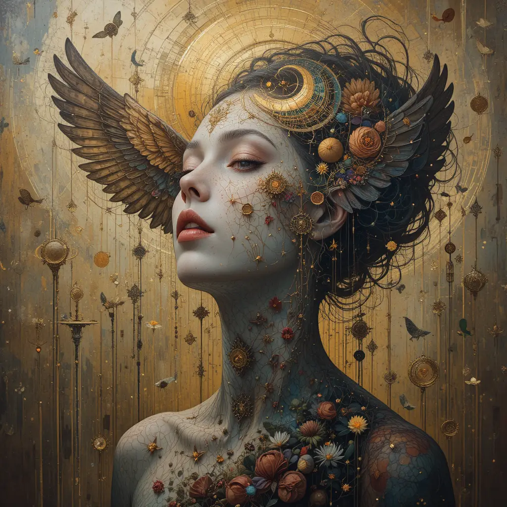 Mystische abstrakte Tapisserie symbolischer Metamorphose