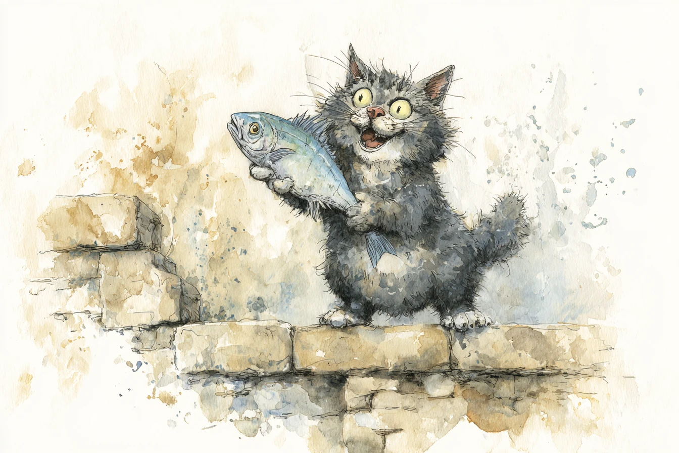 Gato malhado cinza brincalhão com peixe em ilustração em aquarela