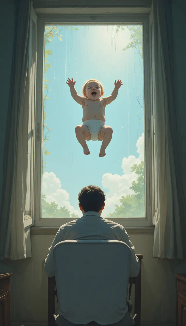 Dramatische 2D-Illustration eines Babys, das auf einen Mann darunter fällt