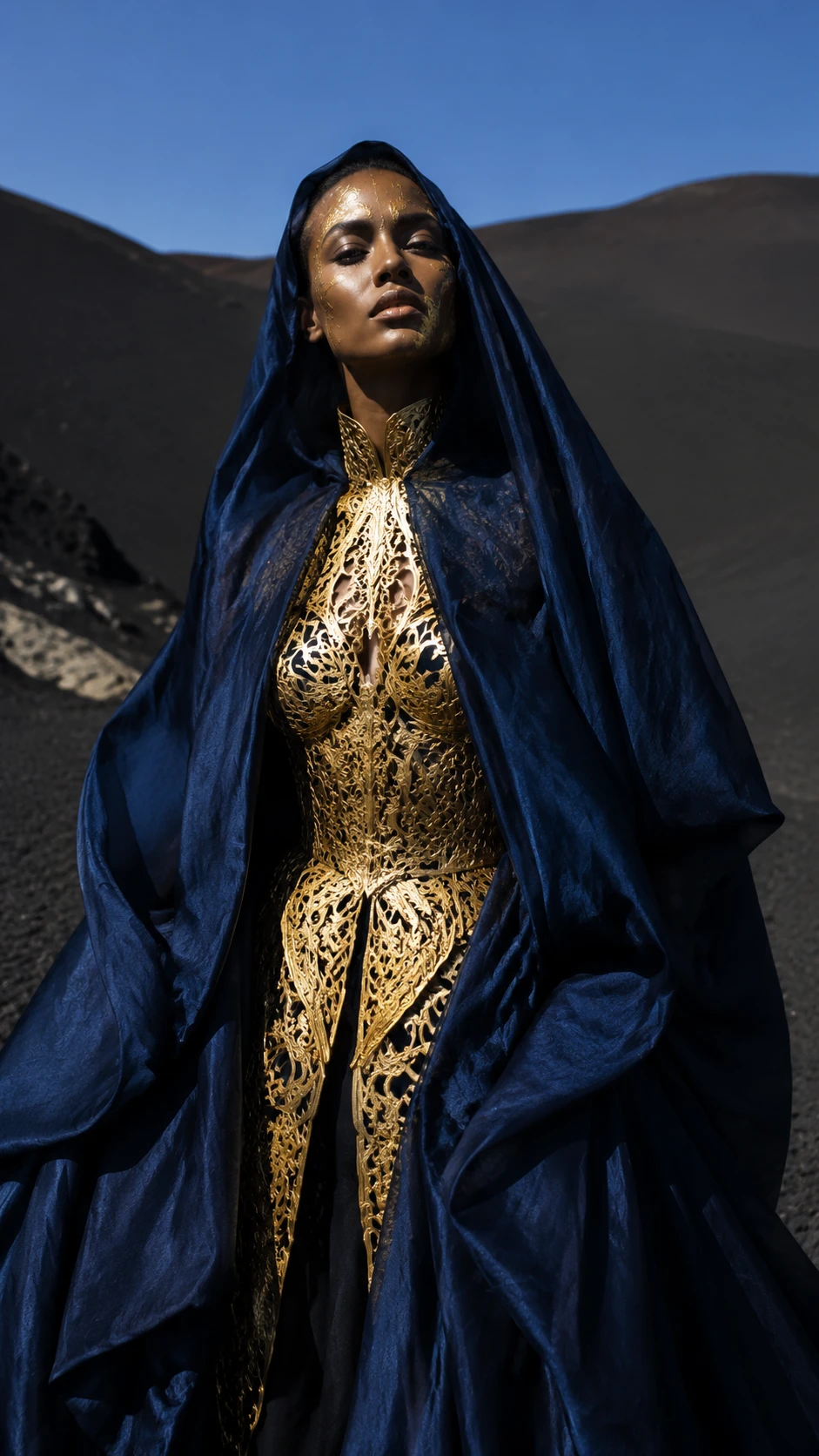 Modelo de moda régia em dunas de areia vulcânica preta sob a luz do sol