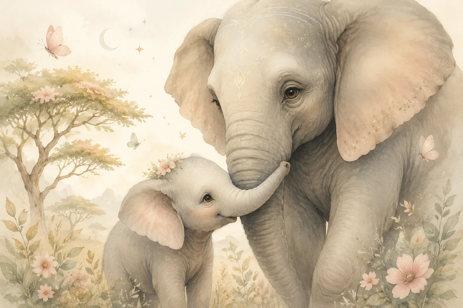 Bébé éléphant blotti contre sa mère dans une douce illustration pour chambre d’enfant
