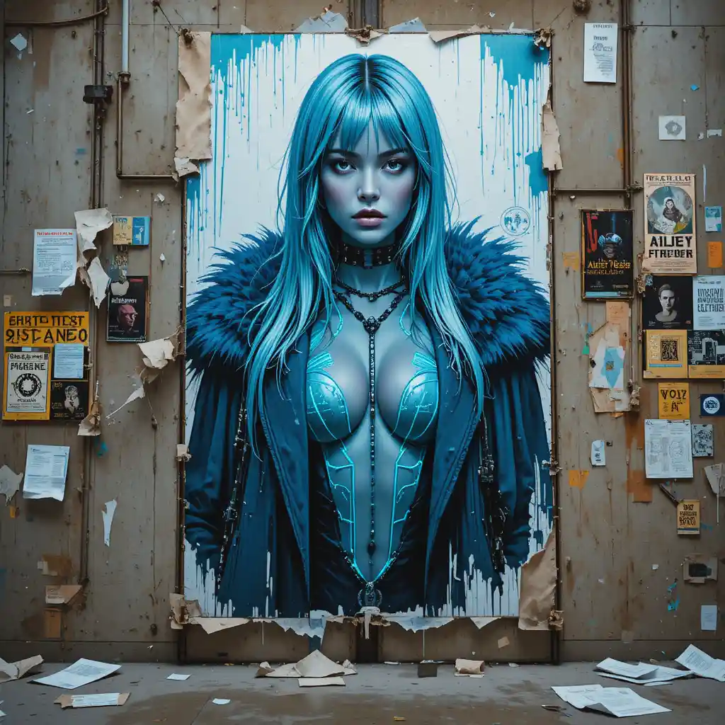 Cyberpunk woman mural on decayed industrial wall