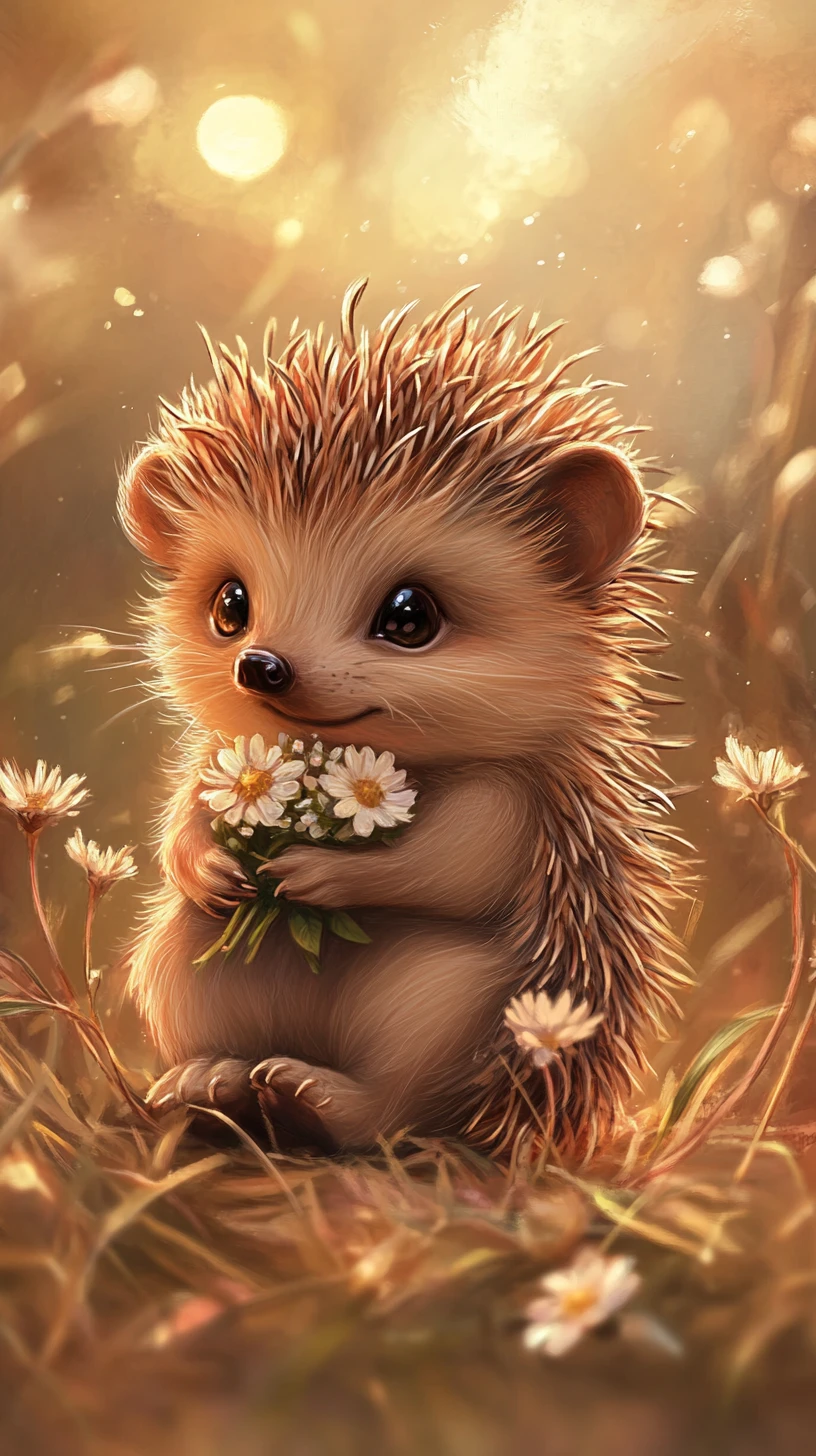 Ilustração de ouriço-bebê fofo segurando flores na luz morna do sol
