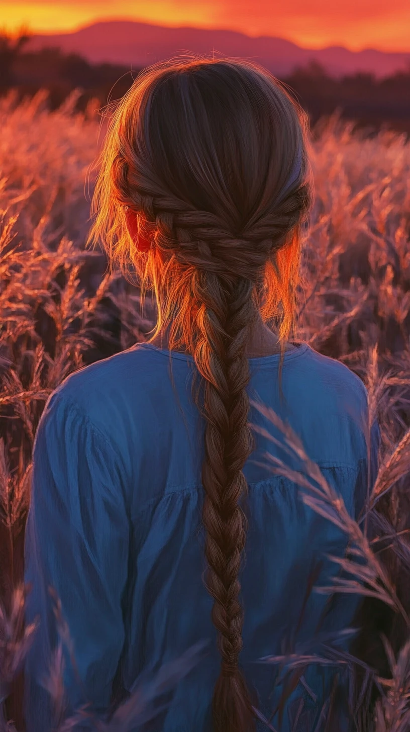 Mädchen mit geflochtenen Haaren betrachtet einen feurigen Sonnenuntergangshimmel