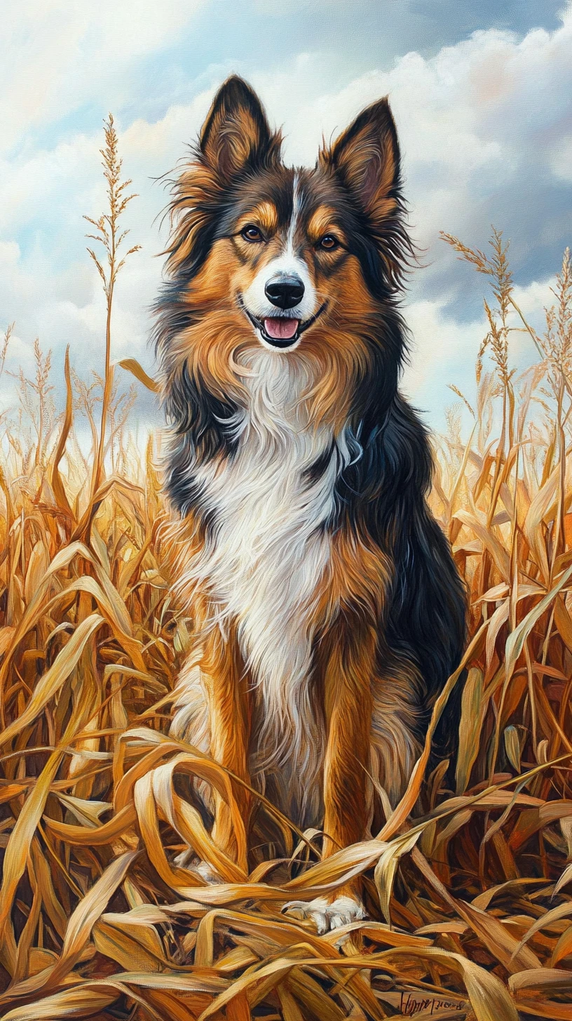 Ilustração em desenho animado de collie sentado em um milharal