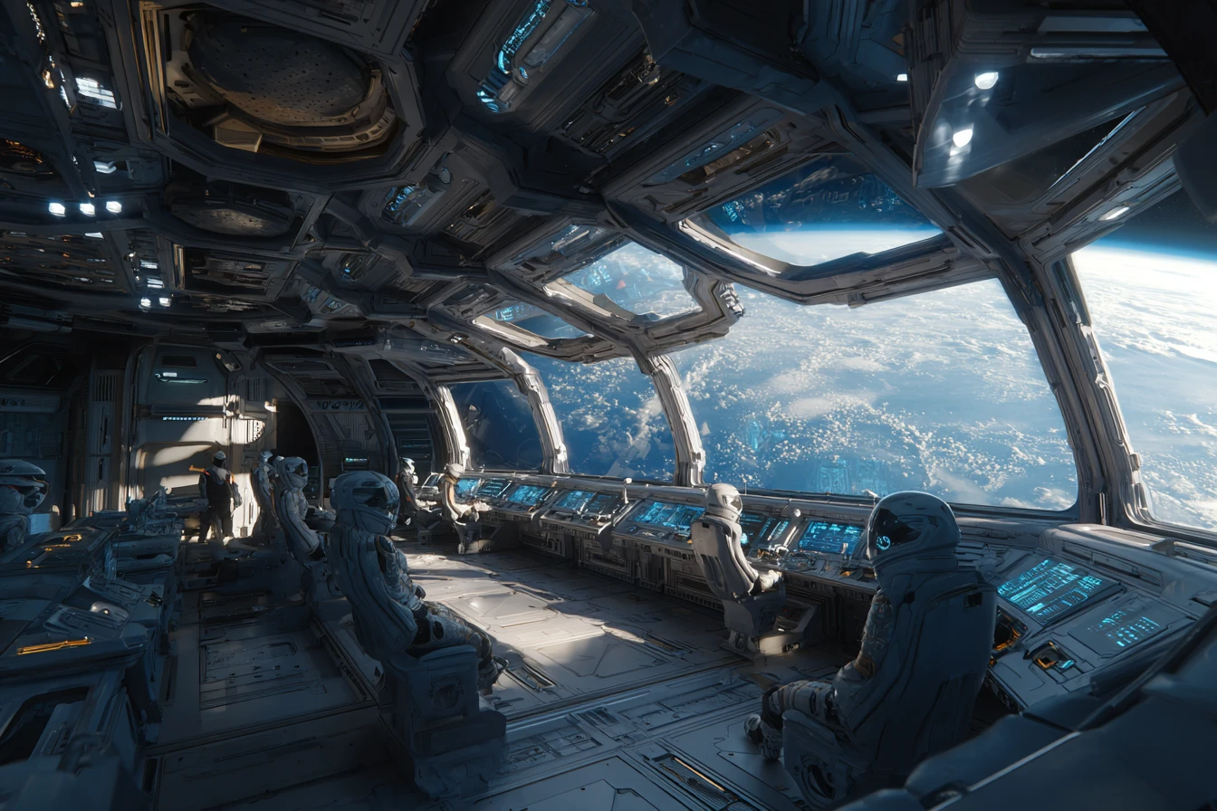 Soldatinnen auf einem hellen Raumschiffdeck, die eine fremde Welt betrachten