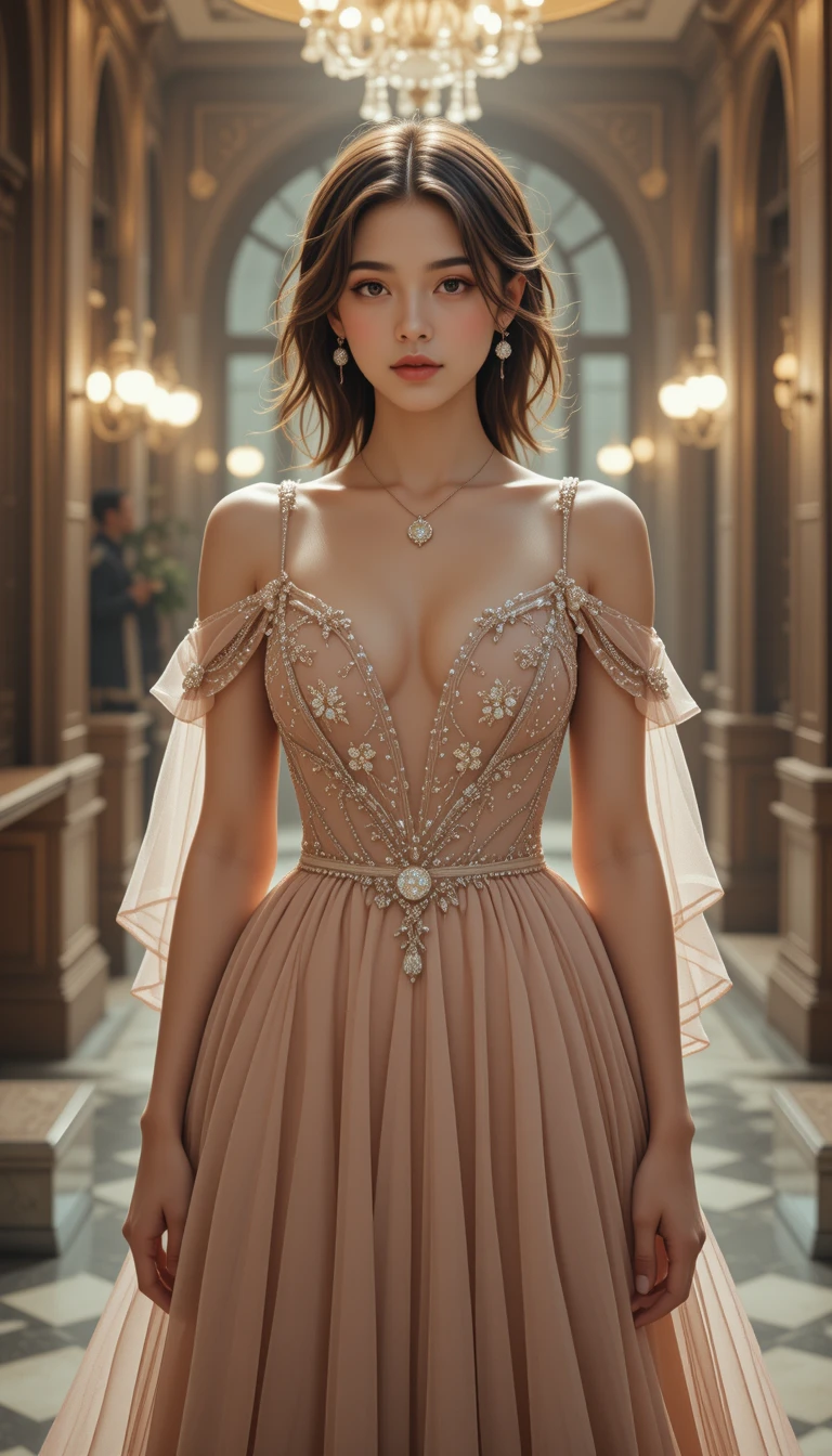 Giovane donna elegante in abito da sera di fronte alla fotocamera