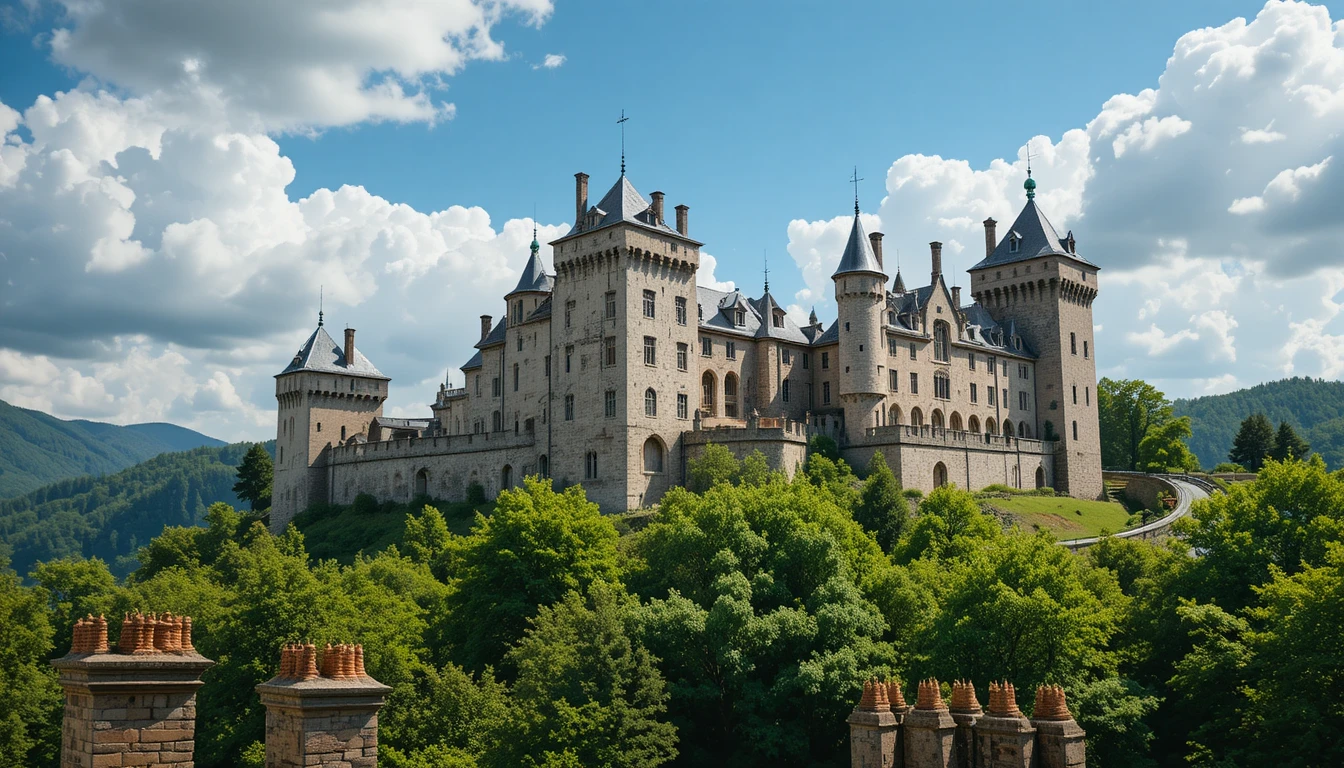 Château médiéval en pierre sur une colline verte sous un ciel bleu