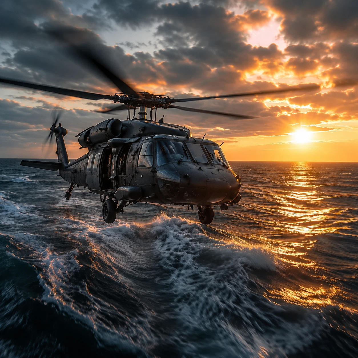 Elicottero militare sopra oceano agitato al tramonto dorato