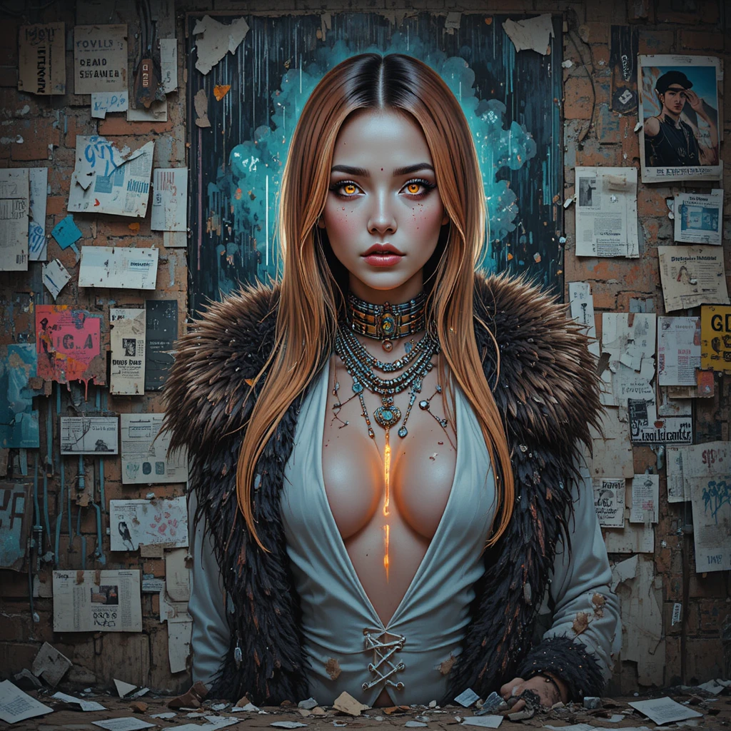 Cyberpunk-Porträt einer Frau an einer verfallenen Labor-Graffitiewand
