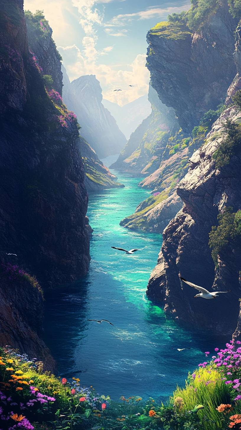 Littoral de fjord vibrant avec mer bleue cristalline et lumière du soleil