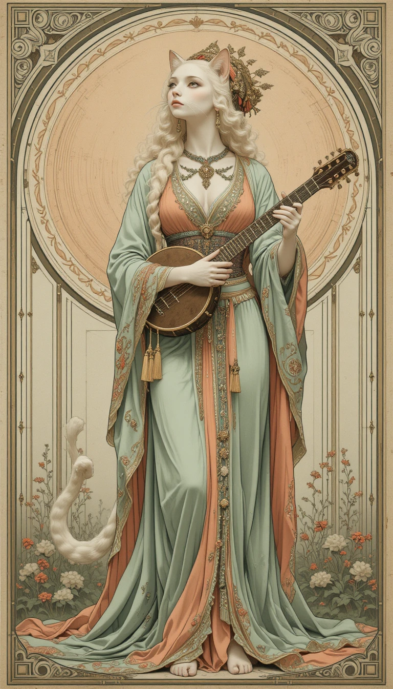 Gato em estilo art nouveau com pandeiro e vestes orientais esvoaçantes