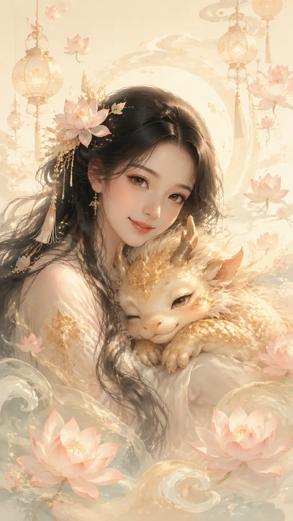 溫柔女子與麒麟幼崽的柔和嬰兒房插畫