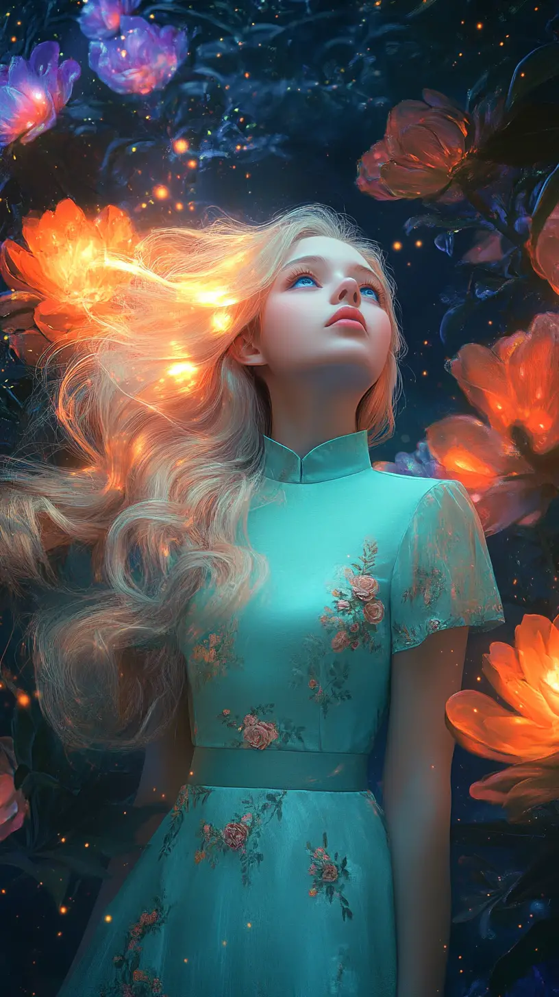Dreamy blonde girl in a glowing magical garden