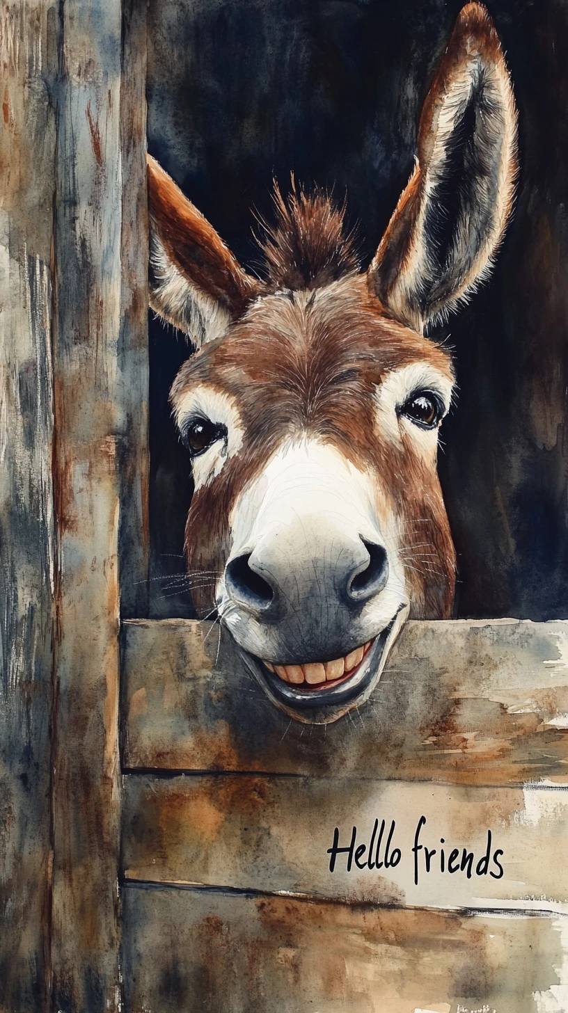 Fröhliches Aquarellporträt eines lächelnden Esels