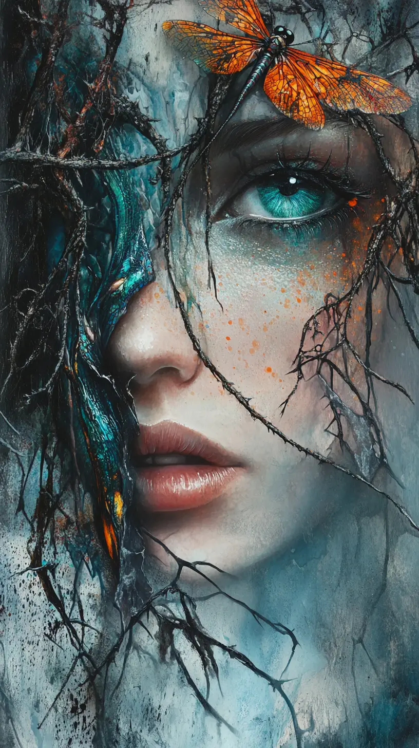 Surreal portrait emerging from a thorny mystical canvas