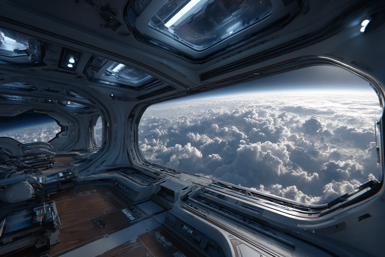 Female soldiers on a bright spaceship observation deck