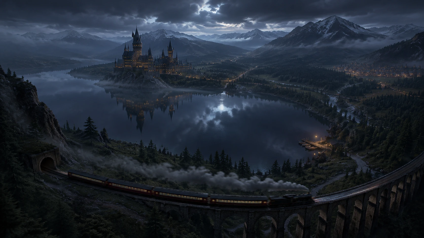 Train à vapeur traversant un viaduc au-dessus d’un lac fantastique au crépuscule