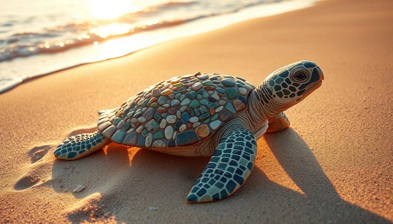 Mosaik-Schildkröte ruht am sonnigen, sandigen Strandufer