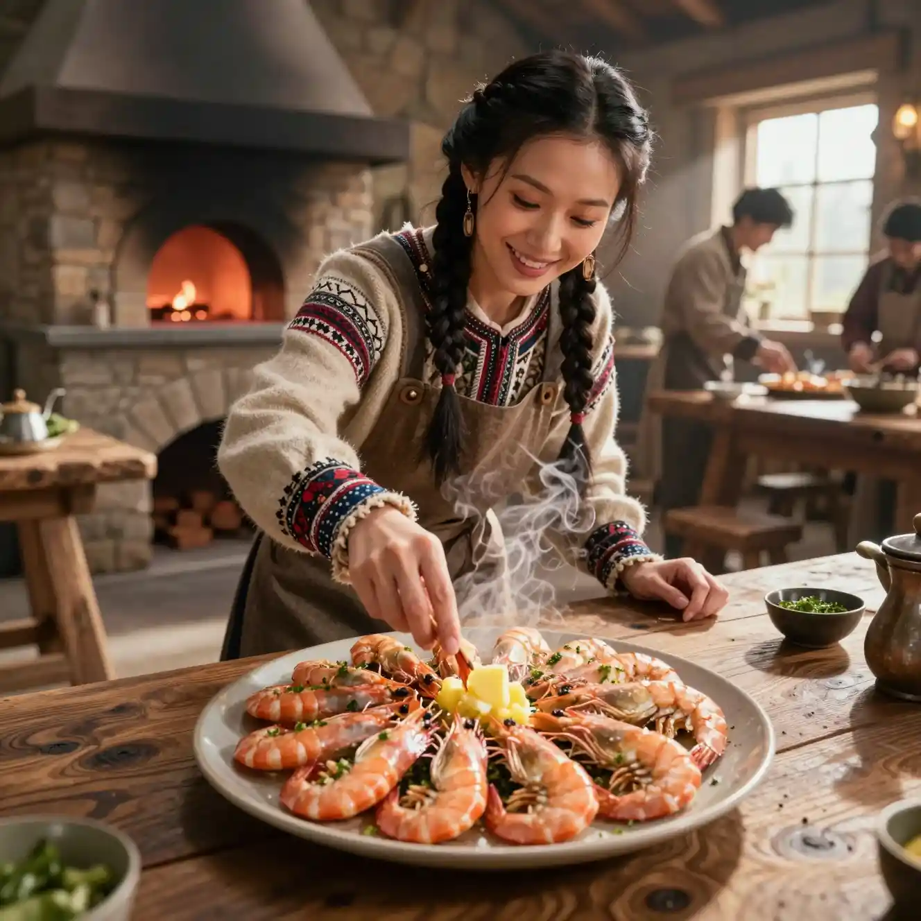 Cocinera asiática sirviendo gambas humeantes en mesa rústica de cocina