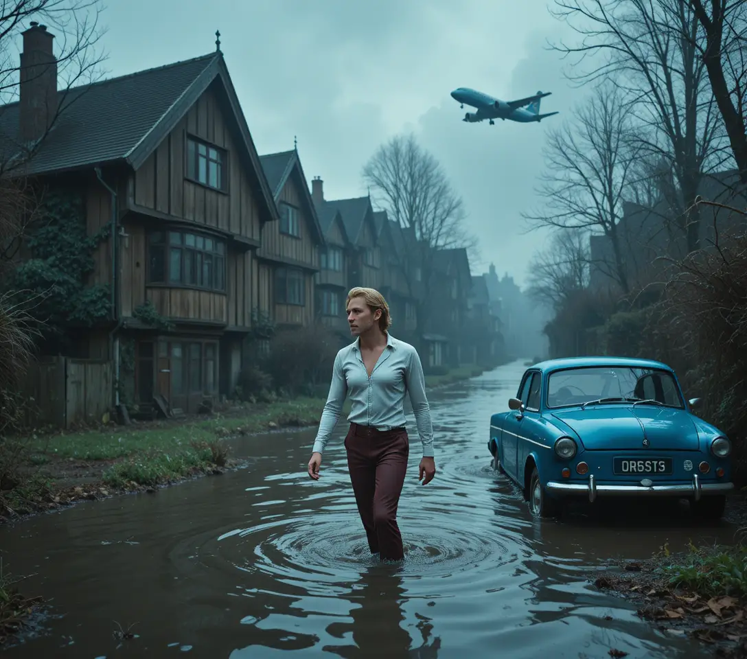 Tudor house street flooded under dark dramatic autumn sky
