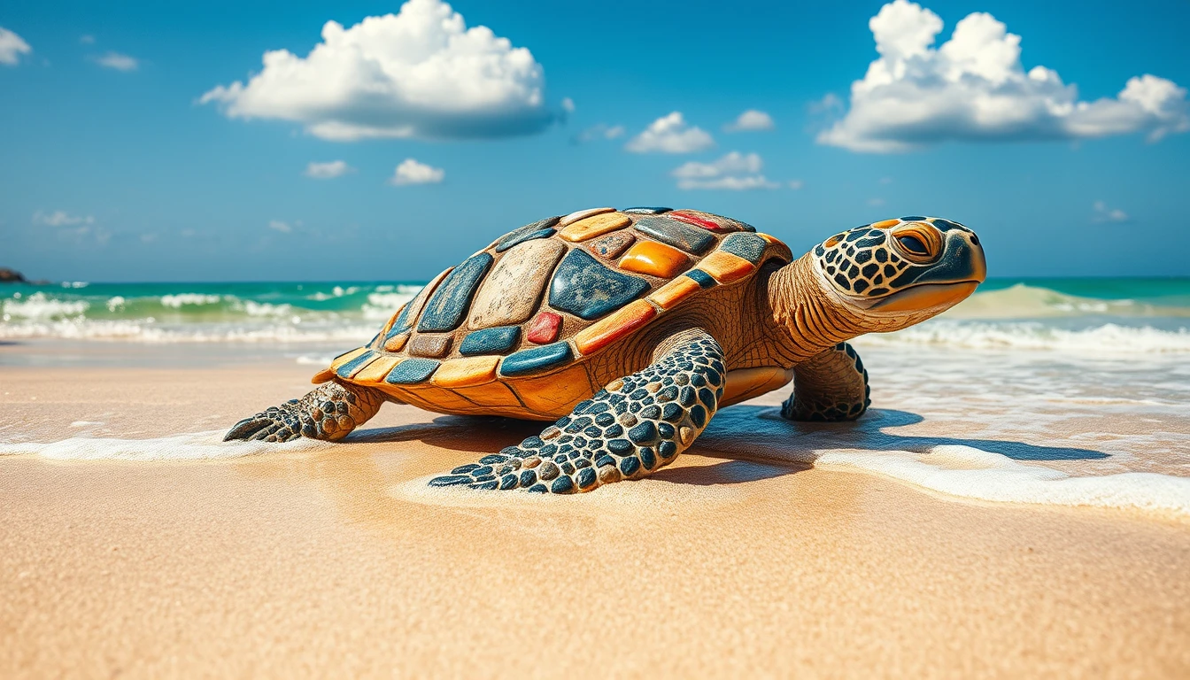 Kiesel-Mosaik-Schildkröte ruht an einem sonnigen Sandstrand