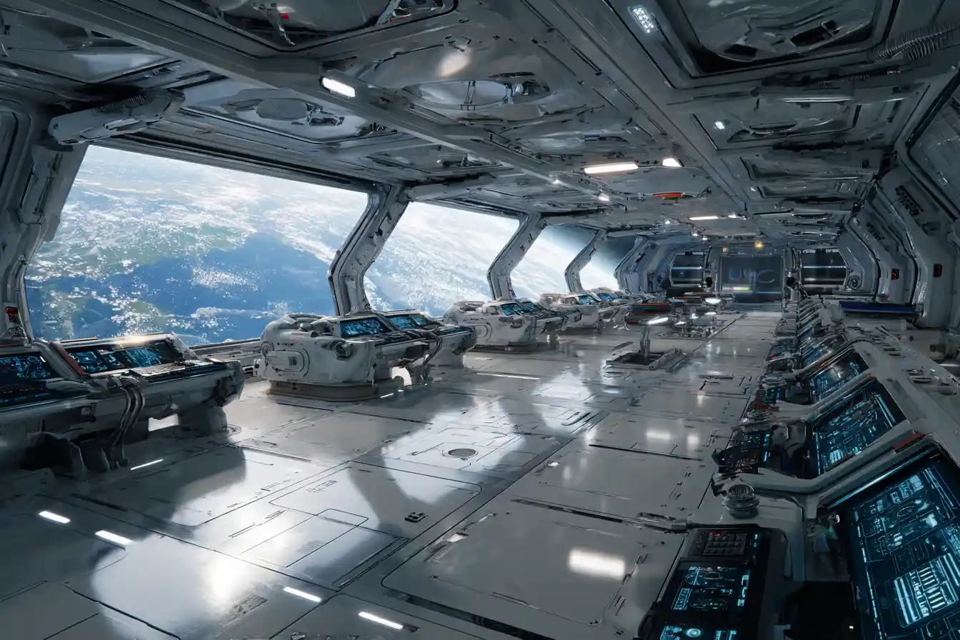 Soldadas em um deck de observação iluminado de nave espacial