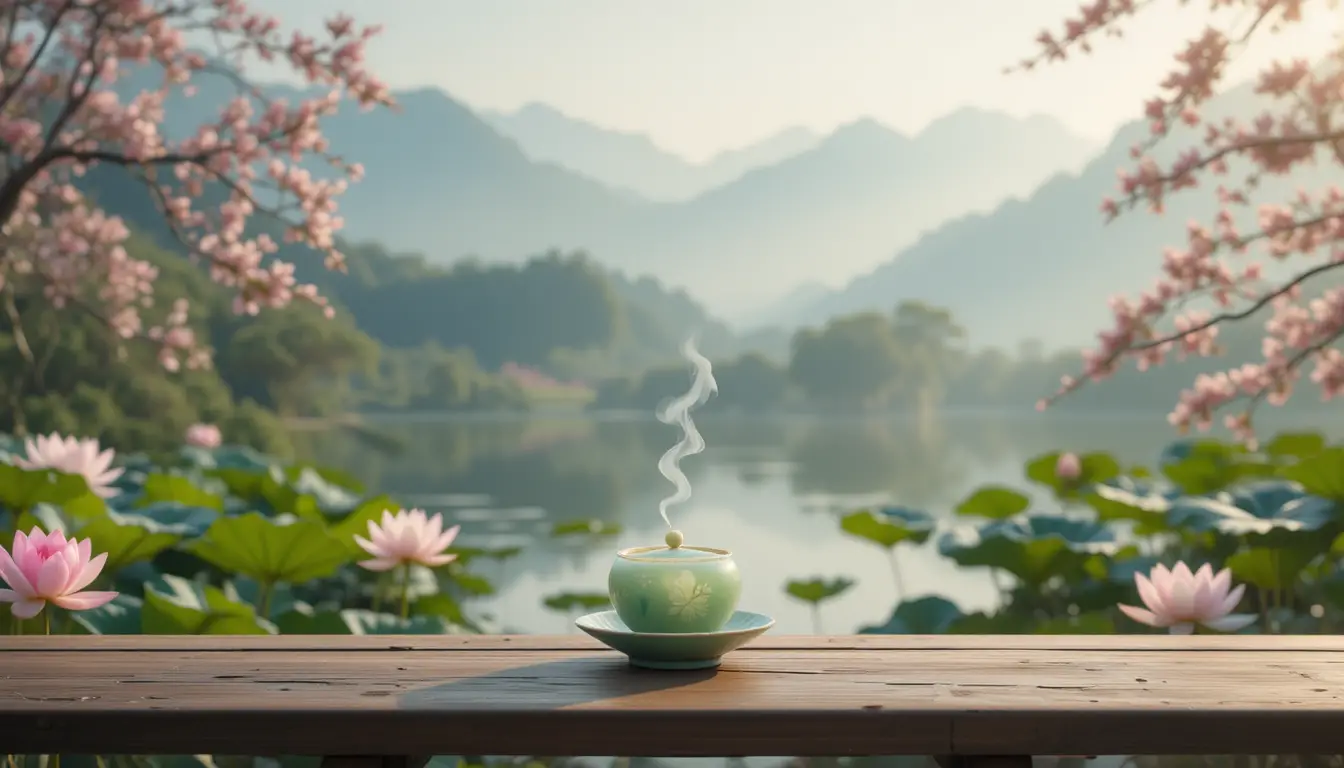 靜謐蓮花池畔與朦朧群山前的玉茶壺