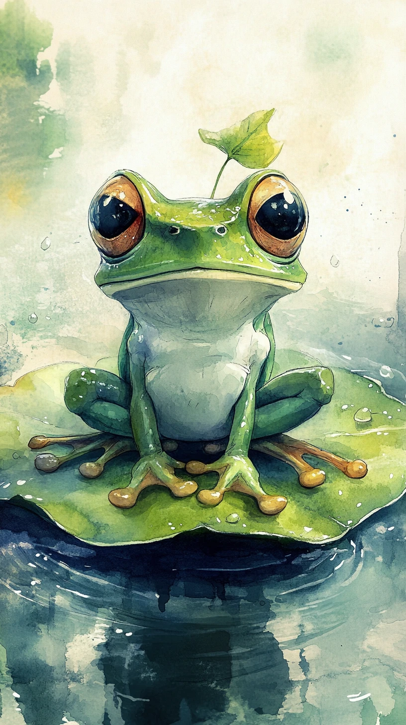 Sapo peculiar em aquarela sobre nenúfar com olhos grandes e brilhantes