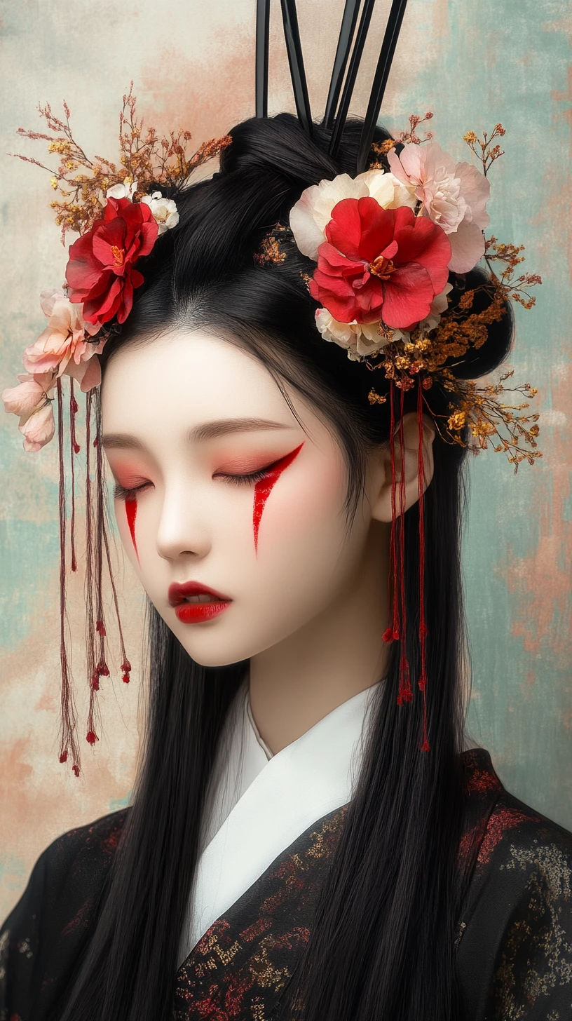 Elegante mujer japonesa con adornos florales rojos en el cabello