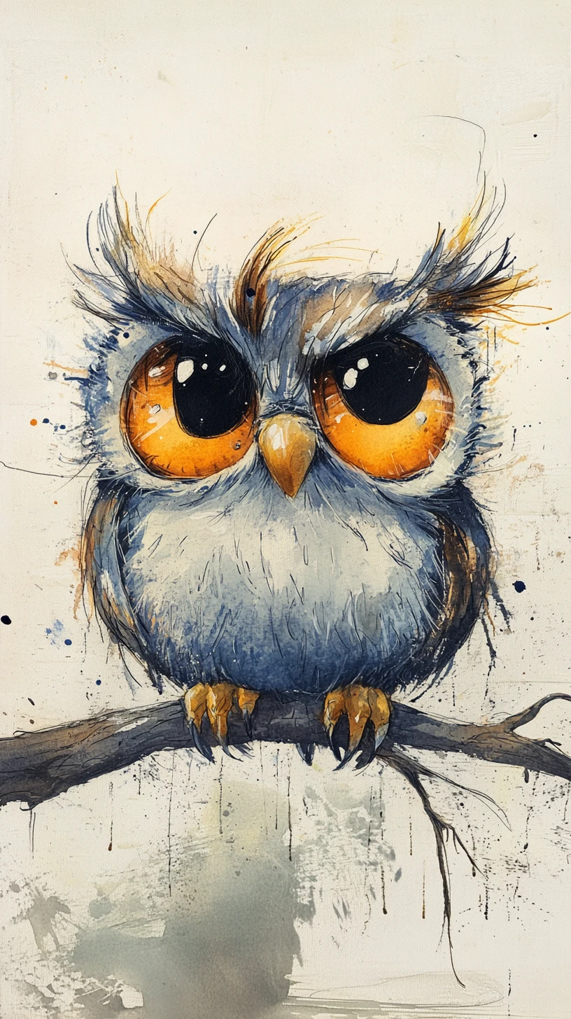 Coruja fofa e brincalhona com olhos enormes em aquarela e tinta