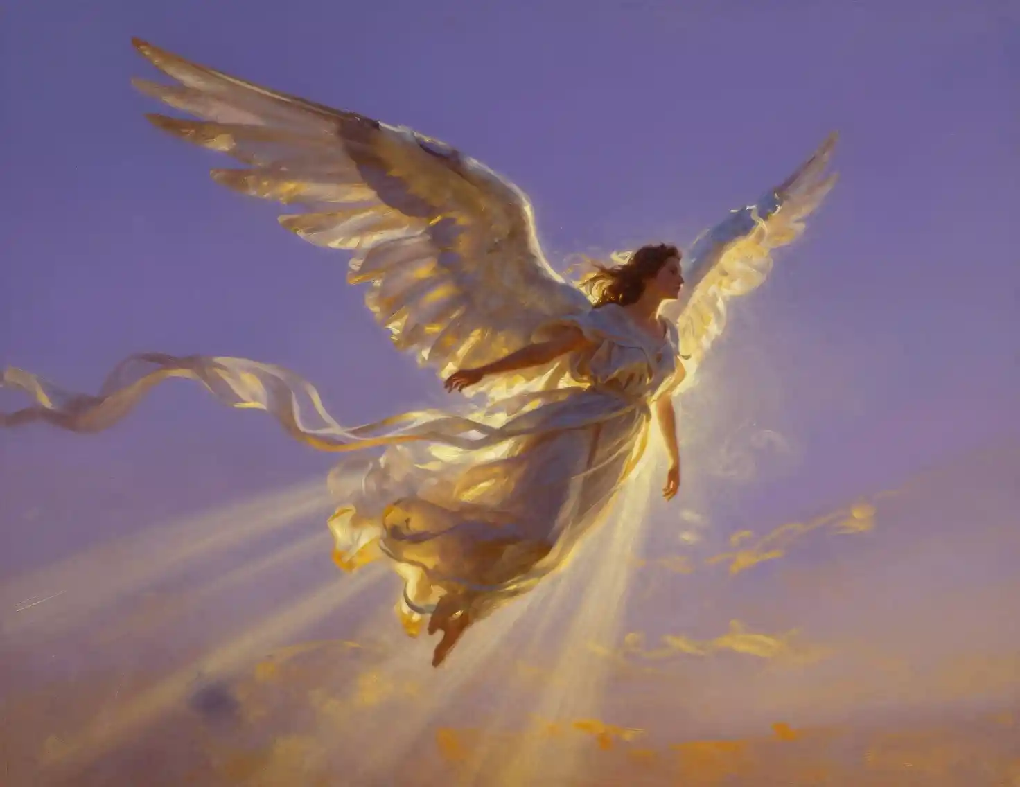 Anjo etéreo no céu violeta do crepúsculo com raios divinos brilhantes