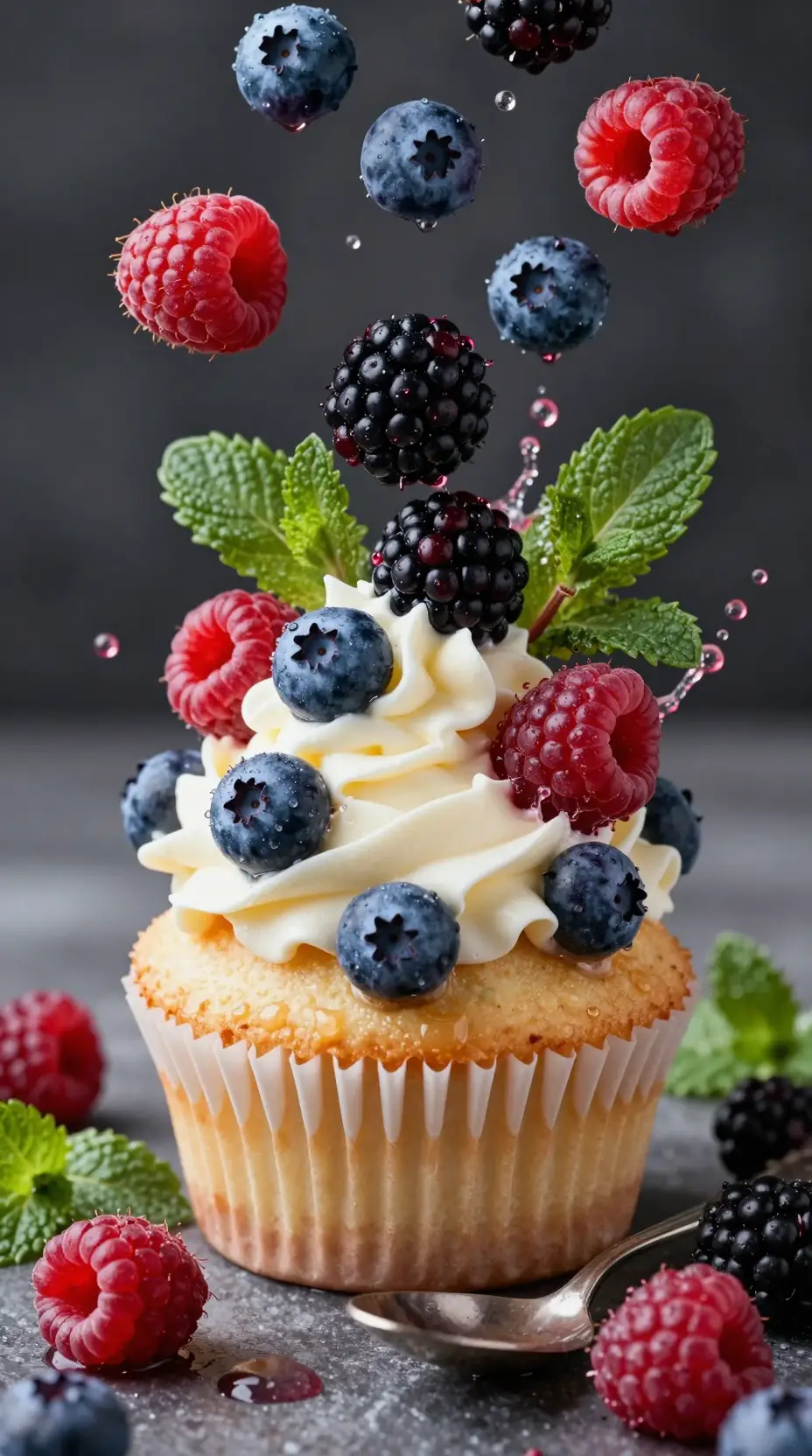 Cupcake mit frischen Beeren, schwebend in der Luft