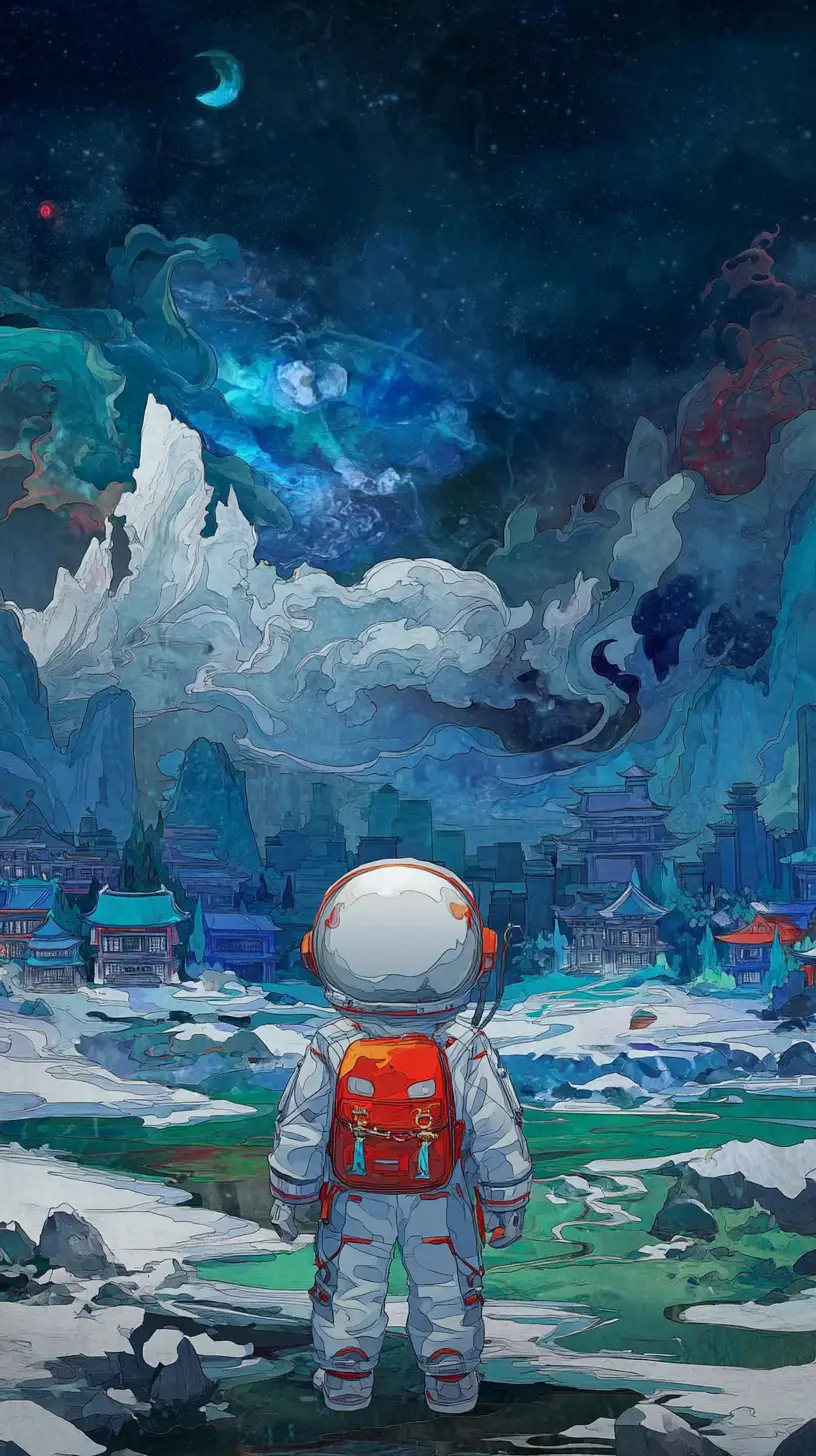 Criança astronauta caminhando para a escola em ilustração divertida