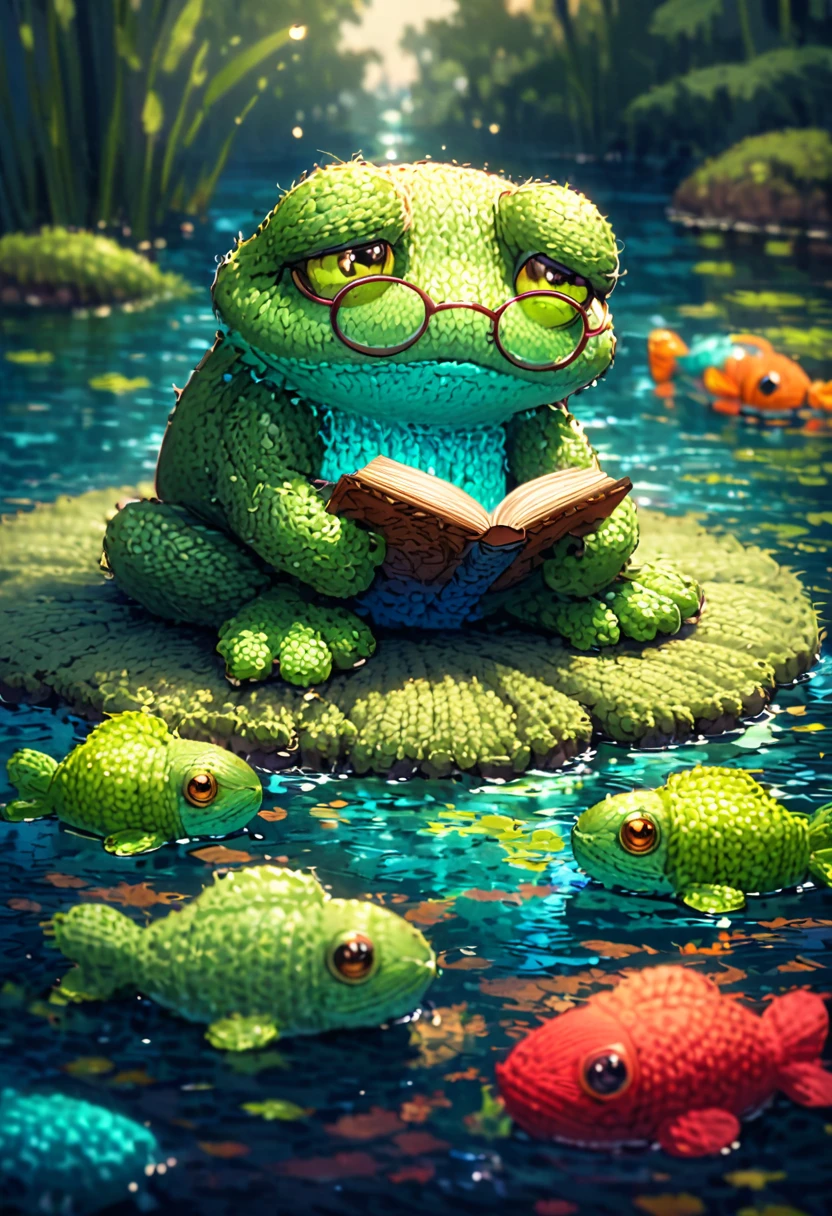 Sapo pensativo com livro sobre folha em cena de rio tricotado