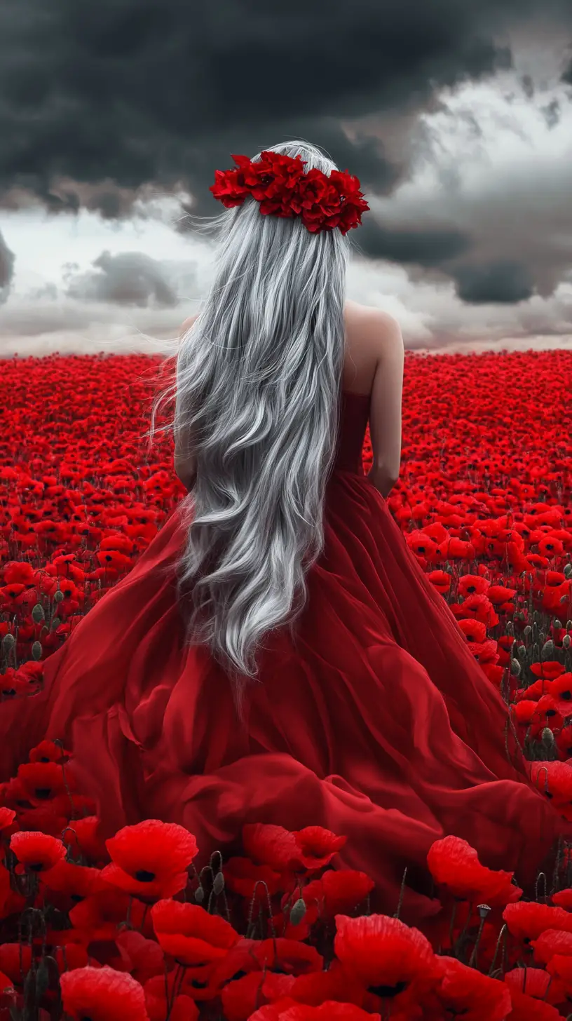 Woman In Flowing Red Gown In Vast Poppy Field