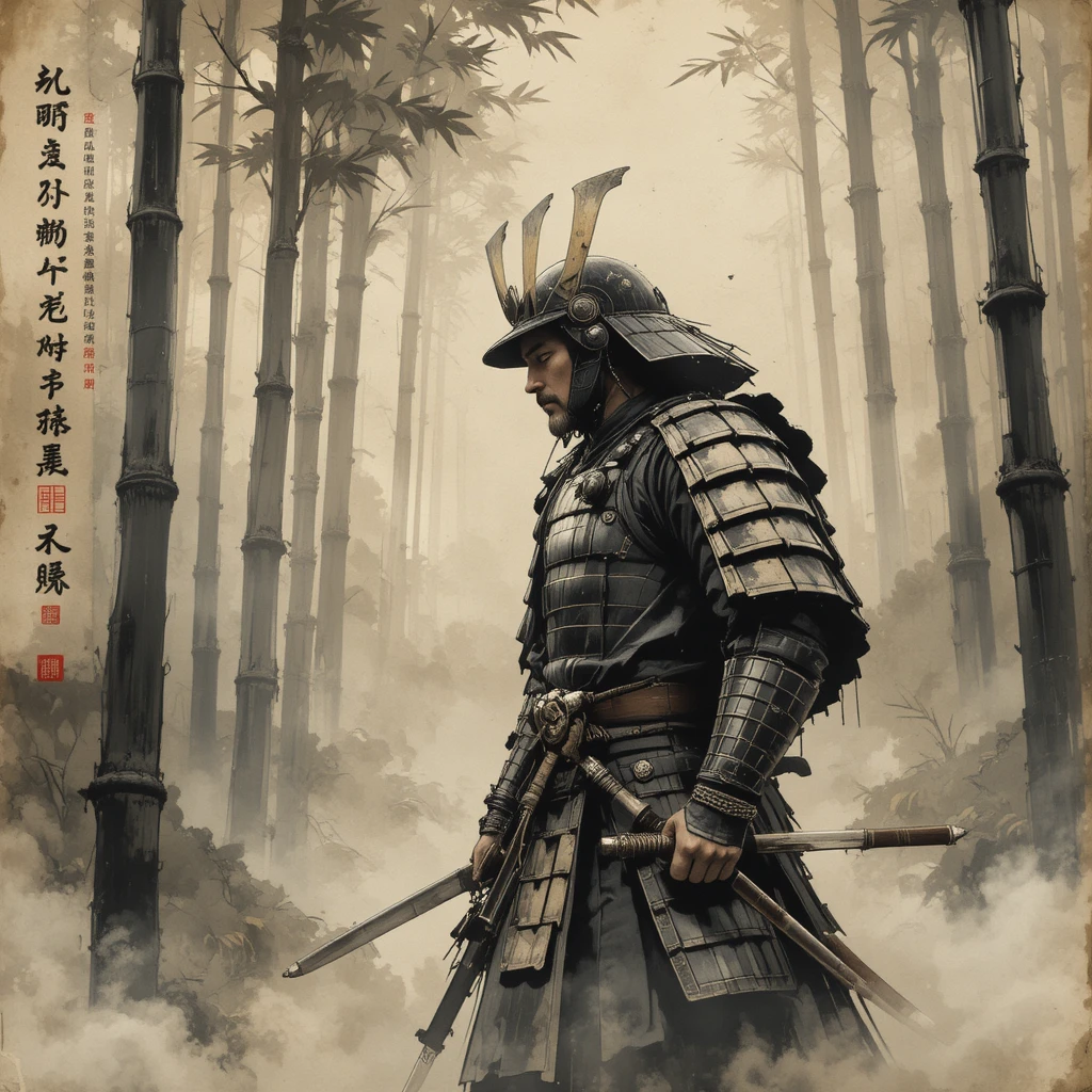 Guerreiro samurai em floresta de bambu enevoada em pintura a tinta