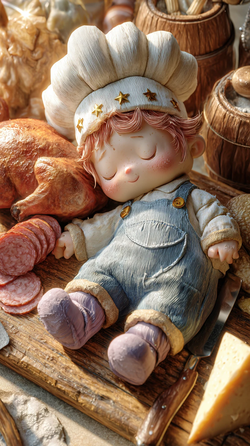 Boneca de criança chef sonolenta em tábua de corte rústica de madeira