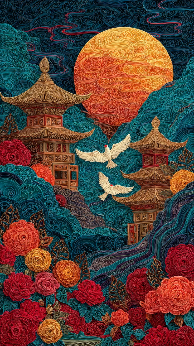 Pagodas a la luz de la luna sobre un vibrante paisaje montañoso floral