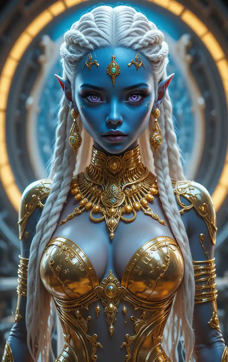 Mujer alienígena azul con joyas doradas brillantes en escena de ciencia ficción