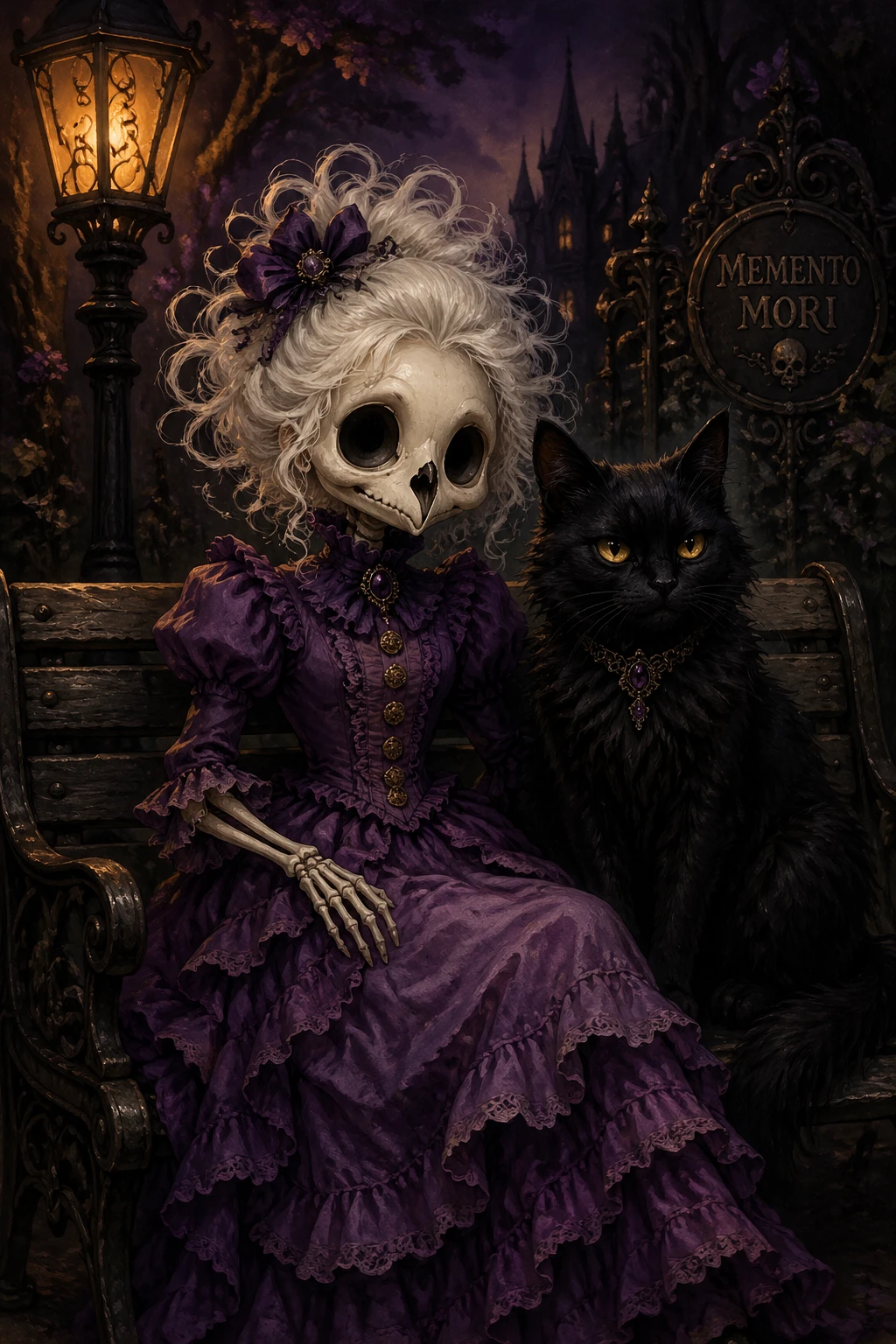 Fillette squelette en robe violette sur un banc avec un chat noir