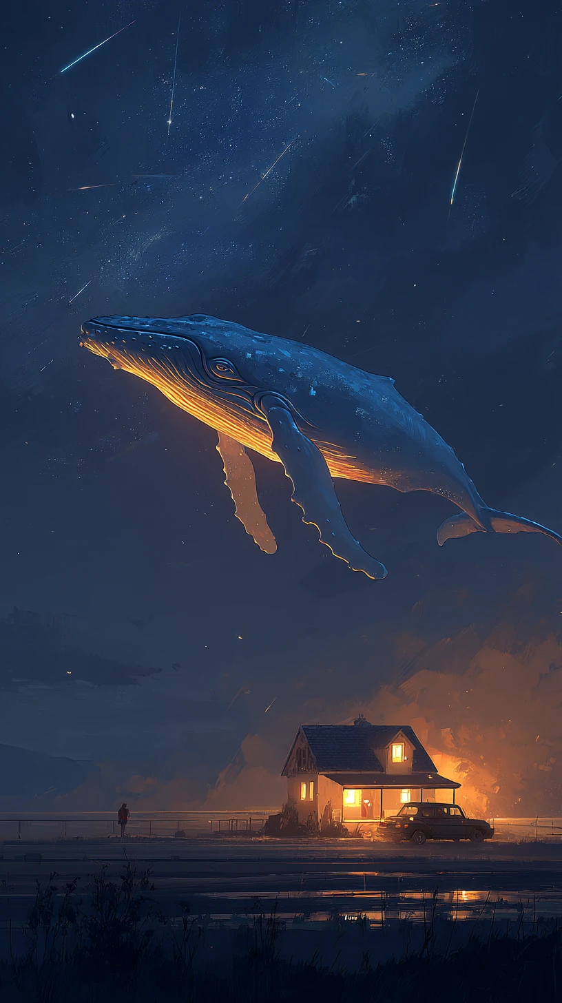 Baleia-azul vagando por um céu noturno estrelado