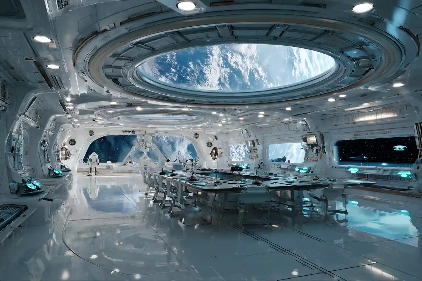 Futuristic crew on a bright spaceship observation deck