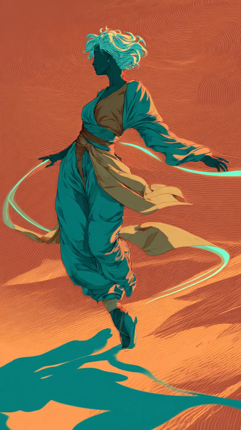 Anime dancer in neon retro desert motion scene