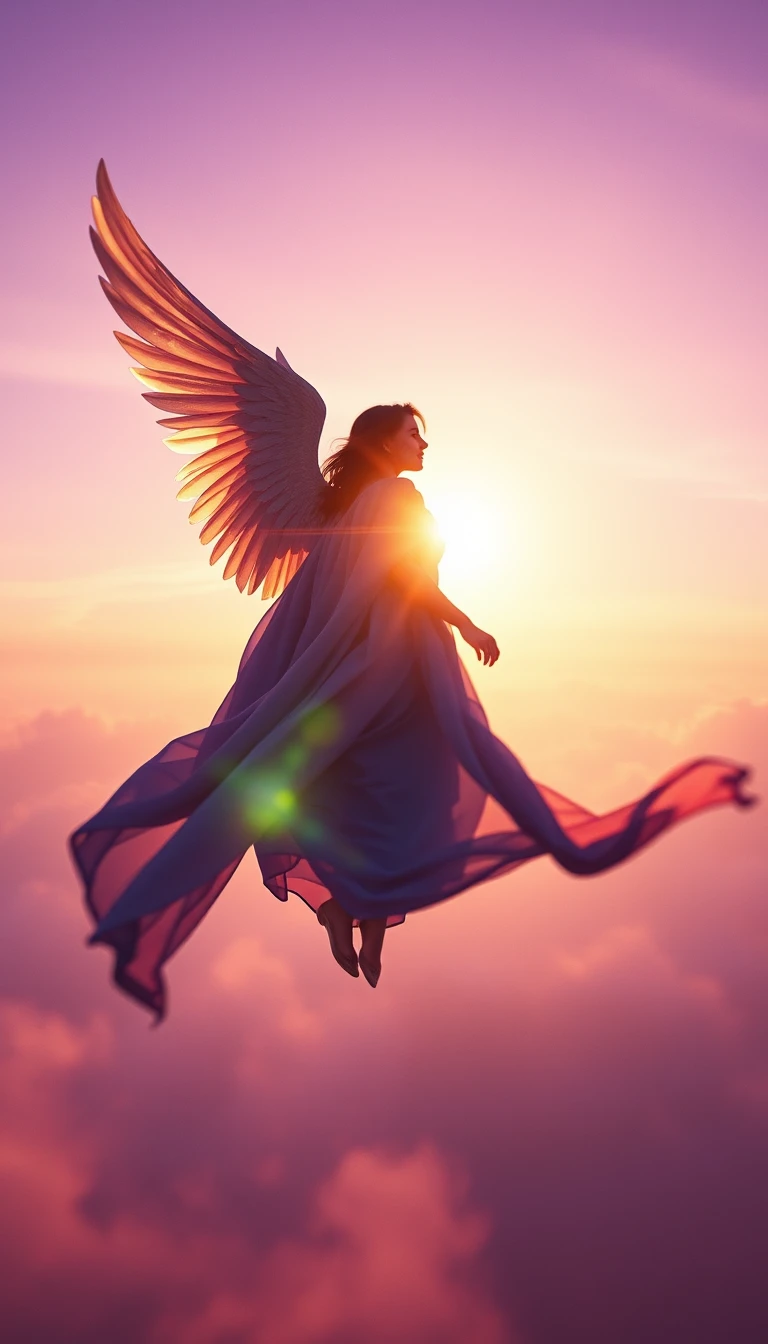 Anjo etéreo em céu violeta ao crepúsculo com seda esvoaçante