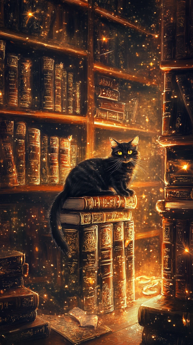 Biblioteca de bruxa iluminada pelo sol com gato familiar e livros brilhantes